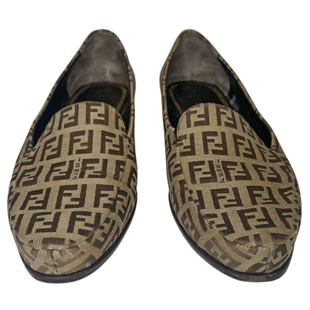 Fendi Zucca Monogram Slip Ons EU 38 Brown FF Logo Loafer Low Block Heel Pumps - Picture 3 of 12